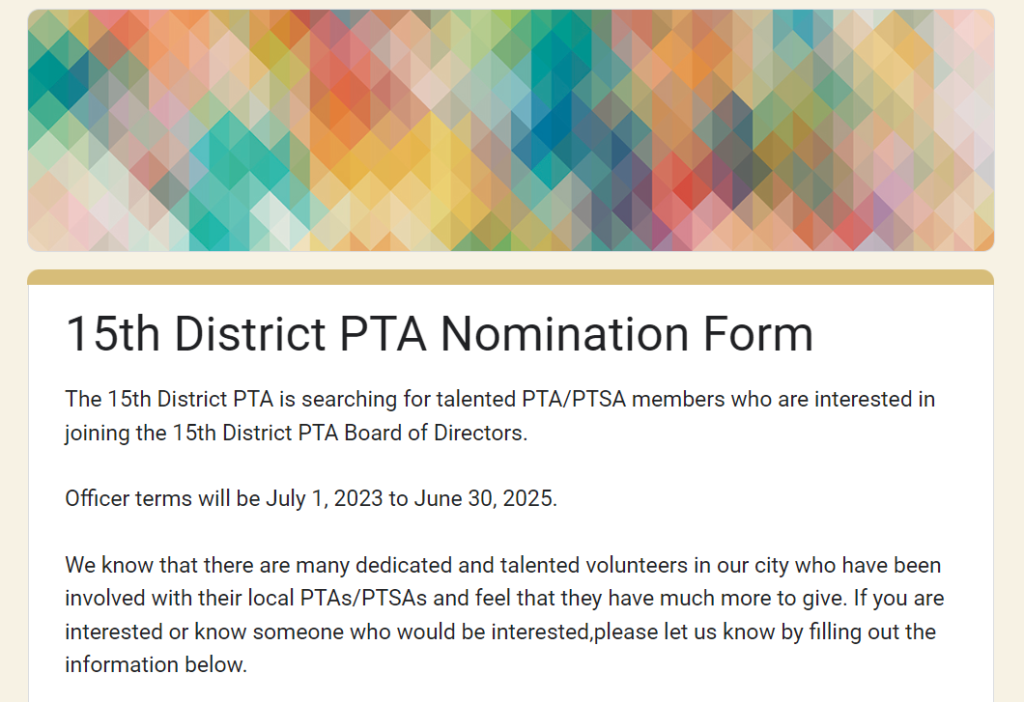 Board Member Nominations | 15th District PTA