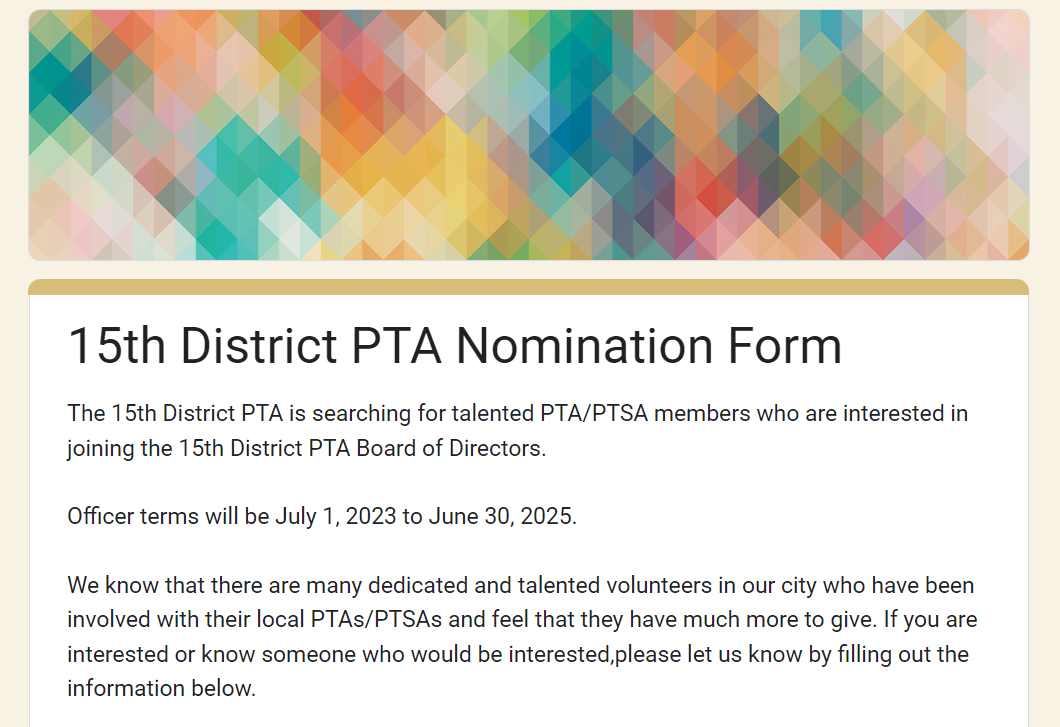 Board Member Nominations – 15th District PTA