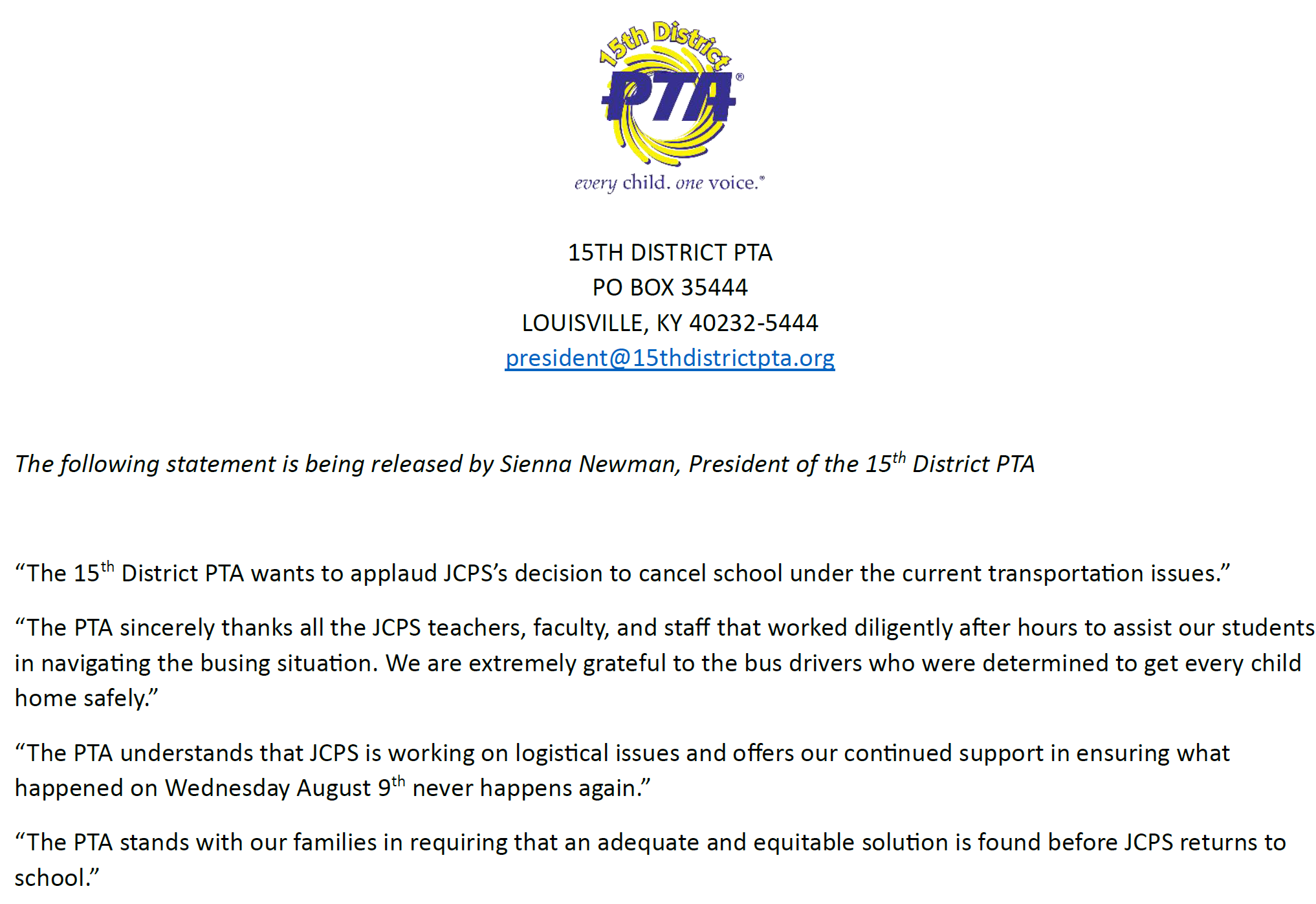 15th District PTA Statement Regarding JCPS Transportation Situation